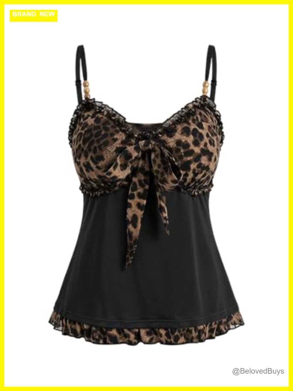 Plus Size Leopard Babydoll Peplum Cami Top Beaded Sleeveless